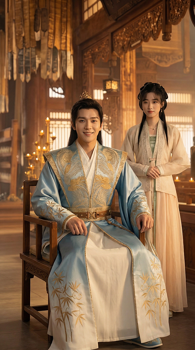 将图一中坐着的男子替换为图二中的男子，保留图二男子的容貌和淡蓝渐变带金色竹叶刺绣的古装服饰，保持图一男子原本的坐姿不变，图一的女子保持姿势站在男子身后，将整体背景替换为图三的暖光古风木构厅堂背景，画面风格统一为古风实景质感，光影自然协调