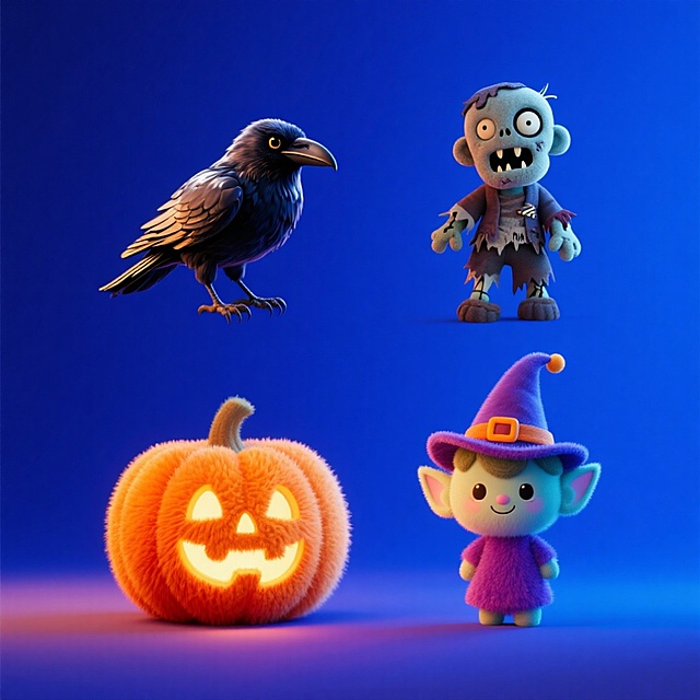 软3D风萌趣万圣节角色，毛发生长质感南瓜灯与小巫师，搭配光影梦幻蓝调背景，可爱卡通感十足。