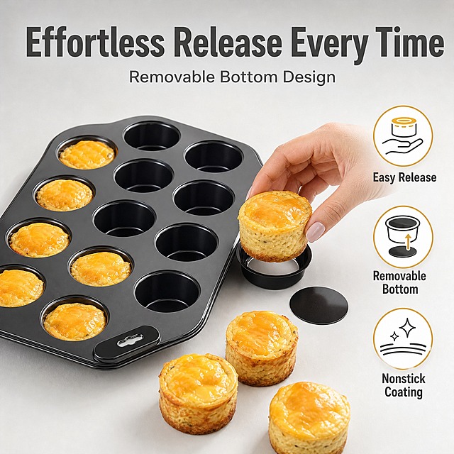 [主图-2] 12-Cup Nonstick Mini Cheesecake Pan with Removable Bottom，核心卖点图，可拆卸活底易脱模，唯一任务是证明脱模便捷脱模效果。
[统一基调] 跨境亚马逊信息图风格，浅灰渐变背景，主色家族为浅灰白，标题深灰字，辅助字中灰字，强调色暖金色，无衬线粗体英文字体，字号层级分明，卡片圆角简洁，图标线性风格。
[画面] 产品主体黑色12杯迷你芝士蛋糕烤盘居中偏左，45度视角，占画面约55%。右侧展示脱模过程：一只欧美女性的手轻轻托起一个烤好的金黄色迷你芝士蛋糕，从单个杯模中完整取出，蛋糕底部带着完整光滑，底部可拆卸底盖分离在旁，证明易脱模效果。旁边放2-3个已脱模的迷你芝士蛋糕，表面金黄诱人。画面右侧有3个圆形图标+短词：第一个图标是蛋糕被托起，配"Easy Release"；第二个图标是活底分离，配"Removable Bottom"；第三个图标是不粘涂层符号，配"Nonstick Coating"。
[光影质感] 明亮自然光，左上方主光，柔和阴影，产品自然融入浅灰背景，蛋糕表面有自然烘焙光泽，手部皮肤质感真实。
[配色] 浅灰渐变背景，深灰标题字，黑色产品，金黄蛋糕色，暖金色强调色。
[文字版式] 顶部大标题"Effortless Release Every Time，副标题Removable Bottom Design，下方三个图标+短词，全部英文，无衬线粗体，标题最大，辅助字缩小50%以上，文字放在右侧负空间，不遮挡产品主体。
[输出要求] 比例1:1，2048x2048，文字清晰可读，产品清晰，无变形，无错字，无模糊，无水印，无平台Logo，无中文。