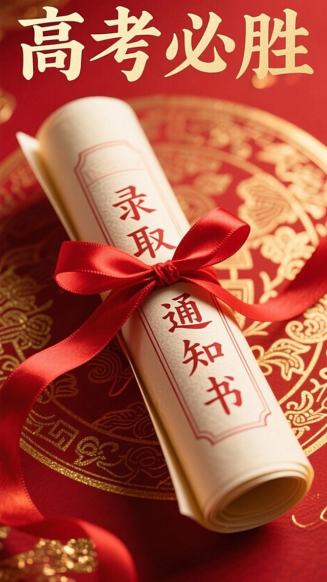 一个绑着红色丝带上面写着“录取通知书”字样的卷轴，丝带飘逸，特写镜头，红色中式金色花纹背景，金色光效，简约有质感，有景深，标题“高考必胜”，用于高考海报设计