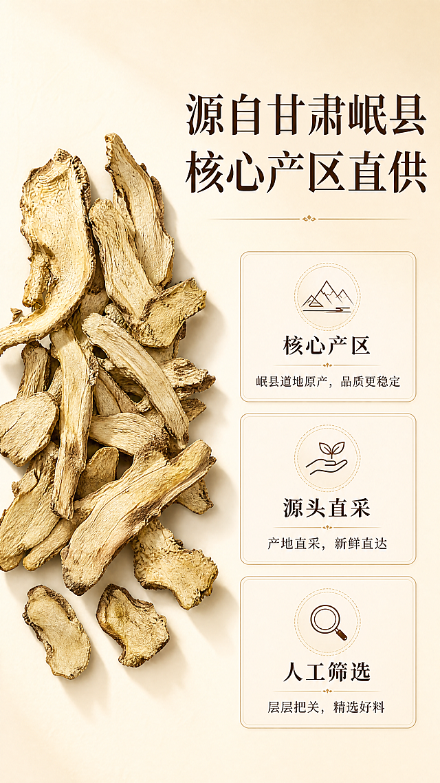 [第2屏] 甘肃产地优势页，本屏用【图1】做主体，保持产品形态颜色不变。左图右文，上方产品图，下方三个卡片讲优势：核心产区、源头直采、人工筛选。背景浅米黄，文字清晰。标题"源自甘肃岷县 核心产区直供"。9:16，4K。负面：变形，水印，文字乱。