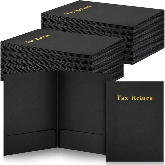 将原图中的Tax Return报税封套整体颜色修改为黑色，保留原有的金色文字"Tax Return"，保持原有构图、版式和白色背景不变预览效果