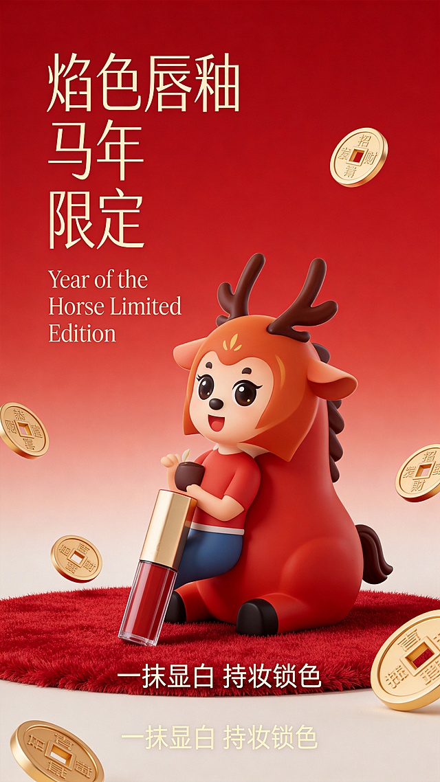 商业摄影，极简主义电商海报。画面中心是参考图靠在磨砂卡通胖胖可爱的红色小马雕塑上。背景是红色渐变，下方为红色绒面地毯，周围漂浮着金色的铜钱硬币。左边大号优雅金色纤细字体"焰色唇釉  马年  限定"，现代无衬线黑体，字体有起伏的节奏；下方搭配小号优雅衬线体"Year of the Horse Limited Edition"。底部居中有一行优雅小字：“一抹显白 持妆锁色”。整体排版呈现杂志风格，留白透气，文字颜色为淡金色，层级分明，具有高级平面设计感。高质量，柔和的演播室灯光，3D渲染，细腻的材质，节日氛围。