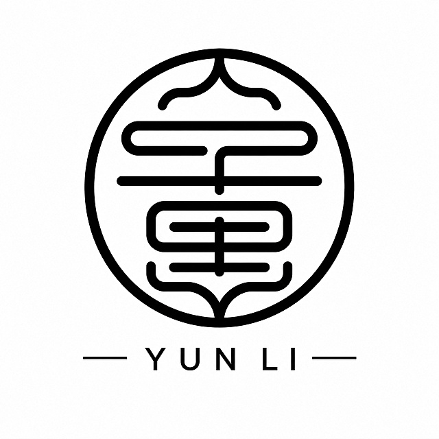 干净的纯白色背景。平面艺术字体设计，logo设计“云里”，新中式极简篆刻风，现代篆书字体融合传统篆刻印章，圆形几何构图。字形解构：「云」字一体化造型，中间横竖线条简化篆书云，下方下凹弧线呼应顶部上下对称，形如祥云轮廓。圆形外框印章范式，等粗均匀直线加平滑圆弧，无粗细变化，线条干净利落，扁平化设计。黑白单色极简，下方搭配无衬线英文云里，左右完全对称，高度对称，视觉稳定大气。矢量logo，纯色背景，无阴影渐变，无写实光影，无3D效果，无多余花纹装饰，画面居中构图，白底高清，适合商用印刷。标志单独展示，不要水印。文字整体必须完整呈现在画面内不可被裁切，四周留有安全边距。比例1:1