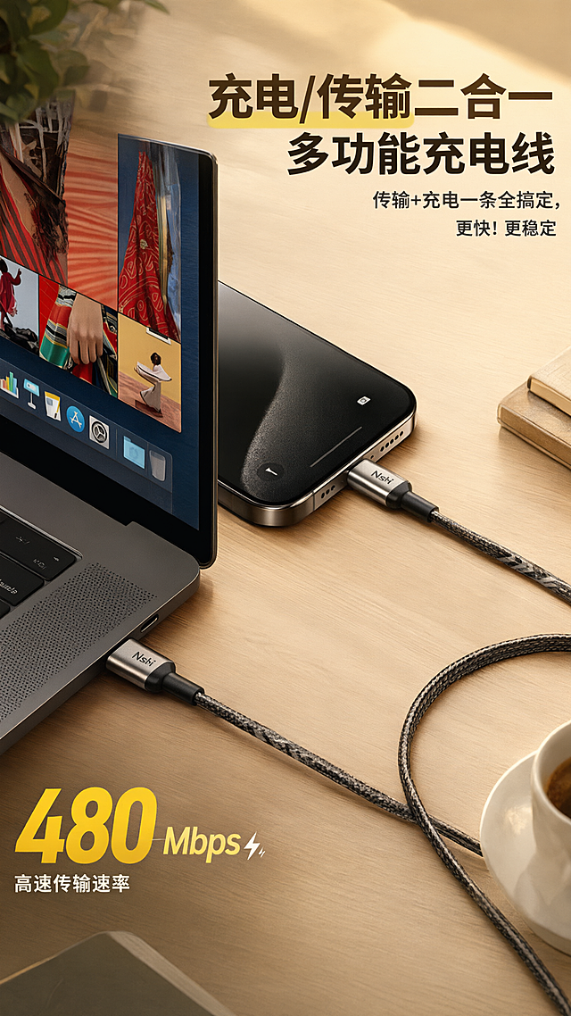 [商品] 使用【图8】那物数据线连接MacBook与iPhone场景图；保留产品外观、金属接头、编织纹理、笔记本与手机摆放；修复光影，增强桌面生活质感。
[画面] 目标：充电传输二合一功能展示，突出办公场景多功能性。构图：浅木色办公桌面俯视角，MacBook与iPhone并排，那物编织线连接两者，旁边有咖啡杯、笔记本等办公道具，产品占画面40%；上方标题文案，左下角大号传输速率标识。背景：浅木色桌面+暖光斜照，生活方式摄影风格，浅景深。
[视觉] 套系策略：风格=京东高转化数码详情页，暖金米白高级感；标题字=粗黑无衬线大字，厚重有力；正文字=简洁无衬线体，清晰易读；主色=暖金+米白；背景延展=基于暖金米白做深浅渐变、同色系层次、木纹/纸张质感；强调色=明黄色（重点数字）；标题色=深棕黑；正文色=深灰；组件=大号数字标识、副标题排版；光影=右上方阳光斜照，温暖柔和，桌面有自然阴影。
[文字] 右上侧主标题"充电/传输二合一"，副标题"多功能充电线"；正文"传输+充电一条全搞定，更快！更稳定"；左下角超大号数字"480Mbps"（明黄色高亮），下方小字"高速传输速率"。所有文字横排，不遮挡产品主体。
[规格] 图片比例9:16竖版，4K超清，避免变形、错字、文字过小、冷蓝背景、其他品牌logo、绝对化极限词。