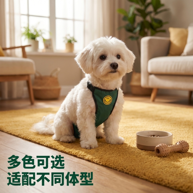 [主图 2] 绿色款宠物肚兜穿戴展示图
[氛围风格] 温馨舒适家居治愈风；
[画质] 商业摄影质感、光线柔和通透、产品清晰真实、画面干净高级；
[元素] 绿色笑脸刺绣宠物肚兜穿戴在一只白色小型犬身上，预览效果