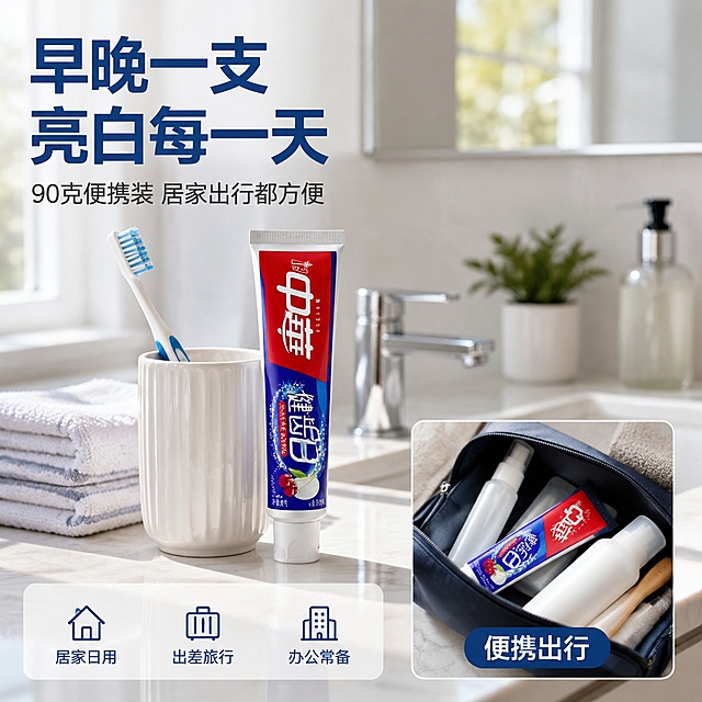 [主图-4] 中华健齿白牙膏使用场景与便携性展示图 画中画版式
[氛围风格] 生活场景感 实用便捷 真实自然 商业摄影质感
[画质] 超高清商业摄影质感 光线自然 产品清晰 细节丰富 2D转3D真实立体效果
[元素] 主画面是清晨洗漱场景 白色洗手台 中华健齿白牙膏放在漱口杯旁 旁边有牙刷 毛巾等 产品外观与输入产品图绝对一致 杜绝变形色差 主画面商品占比约40% 右下角画中画小框 展示出差旅行场景 牙膏放在洗漱包中 旁边有旅行分装瓶 体现便携性 画中画内产品同样保持一致 光影统一 背景是明亮的浴室环境 自然光从窗户照入 画面满屏无边框 画中画框为白色细边框 带"便携出行"标注文字
[光影] 主画面自然光从左上方照射 柔和明亮 洗手台有自然反光 画中画内光线方向与主画面一致 保持光影统一 整体明亮通透
[配色] 主色调白色 浅木色 清爽浅蓝 辅助色品牌红蓝 画中画框白色
[视角构图] 主画面平视微俯 产品居中偏左 右下角画中画 形成大小对比 景深中等 背景适度虚化
[文字版式] 左上负空间左对齐 主标题大字"早晚一支 亮白每一天" 深蓝色粗体无衬线 最大号 下方副标题"90克便携装 居家出行都方便" 字号约为主标题的50% 深灰色 画中画下方标注"便携出行" 白色字 底部三列小图标加文字 分别是"居家日用""出差旅行""办公常备" 文字深蓝色 全部文字不遮挡产品主体
[输出要求] 1:1比例 文字清晰可辨 超高清商业摄影质感
[负向提示词] 变形 文字错乱 产品模糊 背景杂乱 水印 电商平台Logo