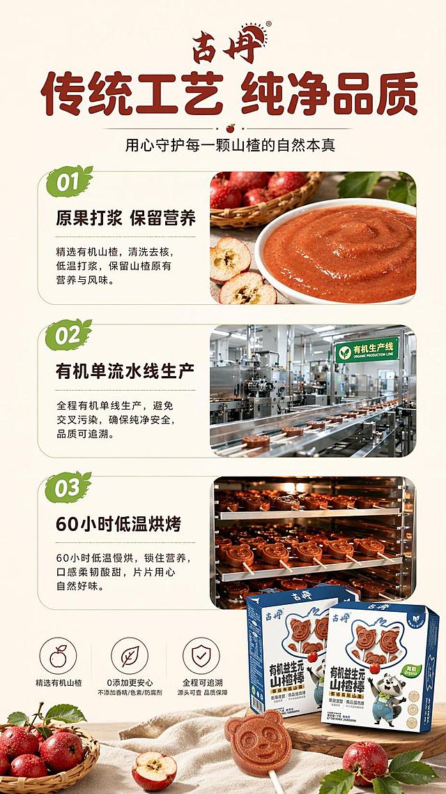 [第6屏] 制作工艺展示屏，传统工艺有机生产流程介绍。本屏使用【图1】作为产品展示。
[氛围/风格] 干净工艺展示风格，浅暖底色，清晰流程，专业可信质感。
[元素布局] 顶部主标题，中部三个工艺步骤竖向排列，每个步骤配示意图占位，产品包装放置在底部右侧做点缀，占比约20%；整体排版疏密均匀，工艺信息突出。
[光影质感] 均匀柔和布光，每个工艺模块光影统一，文字清晰无遮挡。
[配色色系] 全局底色 #fbf6f0；主色棕红色山楂色，深棕色文字；辅助色浅绿步骤标签。
[视角构图] 纵向三段式排列，从上到下依次阅读，结构清晰。
[文字版式] 主标题「传统工艺 纯净品质」，圆角粗体居中；三个步骤分别为：「原果打浆 保留营养」「有机单流水线生产」「60小时低温烘烤」，每个步骤标题加简短说明，绿色标签搭配黑色文字，层级清晰。
[比例分辨率] 9:16 竖版比例，4K分辨率，文字清晰可辨，高清画质。
[负向提示词] 文字错乱，排版混乱，产品变形，颜色偏差。