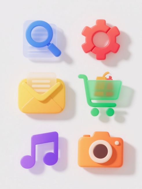6个不同颜色的3D图标，每个图标都有平滑的渐变和微妙的阴影，呈现出半透明的效果。图标内容分别为：蓝色放大镜和文件、红色齿轮和设置、绿色购物车和商品、黄色信封和邮件、紫色音乐符号和音符、橙色相机和照片。所有图标都放置在纯白色背景上，整齐排列成两行三列的网格布局，每个图标之间有均匀的间距。整体风格保持一致，色彩鲜明，立体感强，具有现代简约的设计感。预览效果