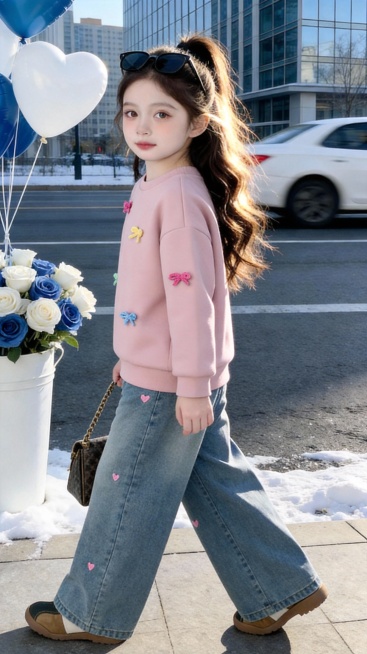 去掉图中的文字，然后把图1的衣服和裤子给图的2的人物穿上，保留原场景光影，保持图2的人物的五官和发型不变，图片宽高尺寸不变，背景不变，鞋子不变，人物姿势不变，保持图1的衣服和裤子的款式和颜色不变预览效果