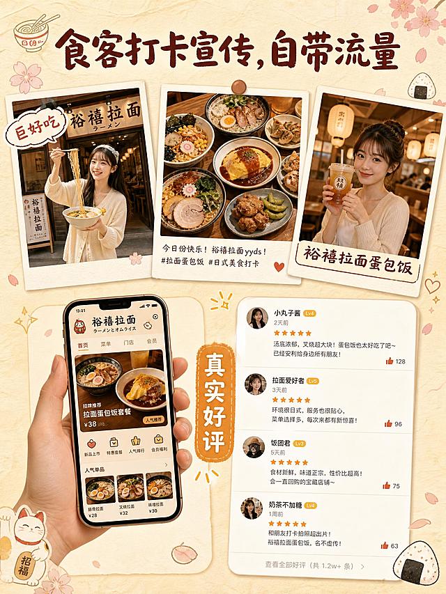 日系暖黄风格加盟详情页-口碑传播篇。整体风格：日式温馨治愈风，暖杏色/浅米黄主色调，和纸纹理背景，点缀樱花、饭团、拉面等手绘小图标，深棕红标题色，圆润日系字体。画面结构：顶部大标题「食客打卡宣传，自带流量」；上方横向排列3张拍立得风格的食客打卡照片：左侧是女生在日式拉面店门口举着面条打卡，配气泡文字「巨好吃」；中间是桌面俯拍多碗日式拉面和小吃，配社交平台文案感；右侧是女生手持饮品在店内打卡，配文字「裕禧拉面蛋包饭」；下方左侧是一只手拿着手机展示拉面店铺页面（有拉面蛋包饭产品图、日式UI界面）；右侧是社交平台好评列表截图（多条用户好评、点赞图标），中间有橙色标签「真实好评」。所有文字横向排版，清晰可读。光影：顶部暖柔光，照片有自然阴影，整体明亮温馨。