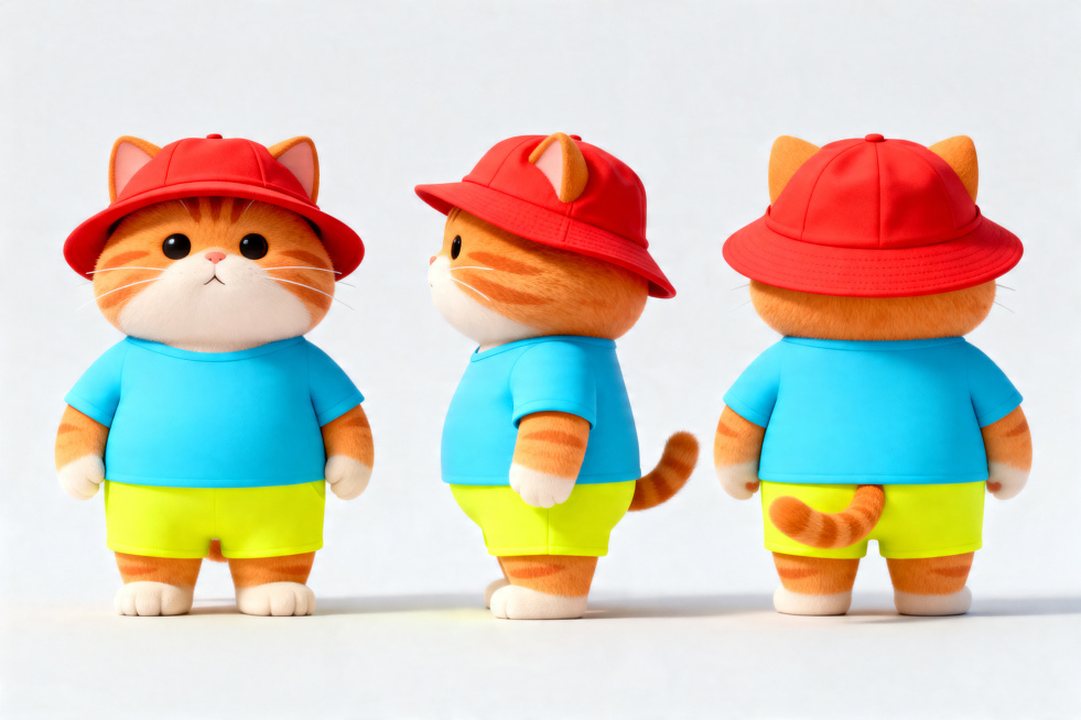 同一只胖橘猫的三视图设计，正视图、侧视图、背视图在同一张图排列，这只胖橘猫戴着红色渔夫帽，穿着天蓝色短袖和亮黄色短裤，保持IP形象风格一致，清晰明确展示设计细节，卡通风格，干净背景预览效果