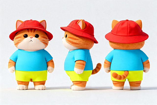 同一只胖橘猫的三视图设计，正视图、侧视图、背视图在同一张图排列，这只胖橘猫戴着红色渔夫帽，穿着天蓝色短袖和亮黄色短裤，保持IP形象风格一致，清晰明确展示设计细节，卡通风格，干净背景