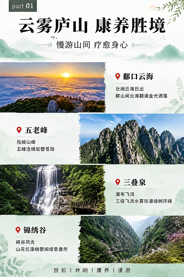 将part 01这张图的景点描述中所有'庐山'前缀去掉，避免与景点名称重复。具体修改：1.鄱口云海描述改为'壮阔云海日出
群山间云海翻涌金光洒落'；2.五老峰描述改为'险峻山峰
五峰连绵岩壁苍劲'；3.三叠泉描述改为'瀑布飞泻
三级飞流水雾弥漫绿树环绕'；4.锦绣谷描述改为'峡谷风光
山花烂漫峭壁间绿意盎然'。其余所有内容、排版、图片、风格保持完全不变