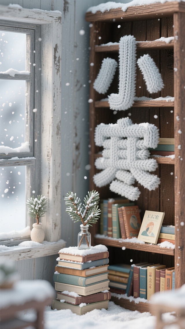 画面右侧，浅灰毛绒针织 “小寒” 立体字立在旧书架上（旁堆冬日绘本），书架旁摆小瓶雪松枝，窗缝飘细雪，配色浅灰 + 木棕，复古静谧冬日感。