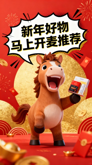 新年喜庆红金配色背景，一匹可爱卡通马站在画面中央，张嘴说话的状态，表情生动夸张，像在“开麦推荐好物”，马头前方带有漫画风对话气泡，气泡文字「新年好物 马上开麦推荐」，马的前蹄举着【商品】，商品清晰可见预览效果