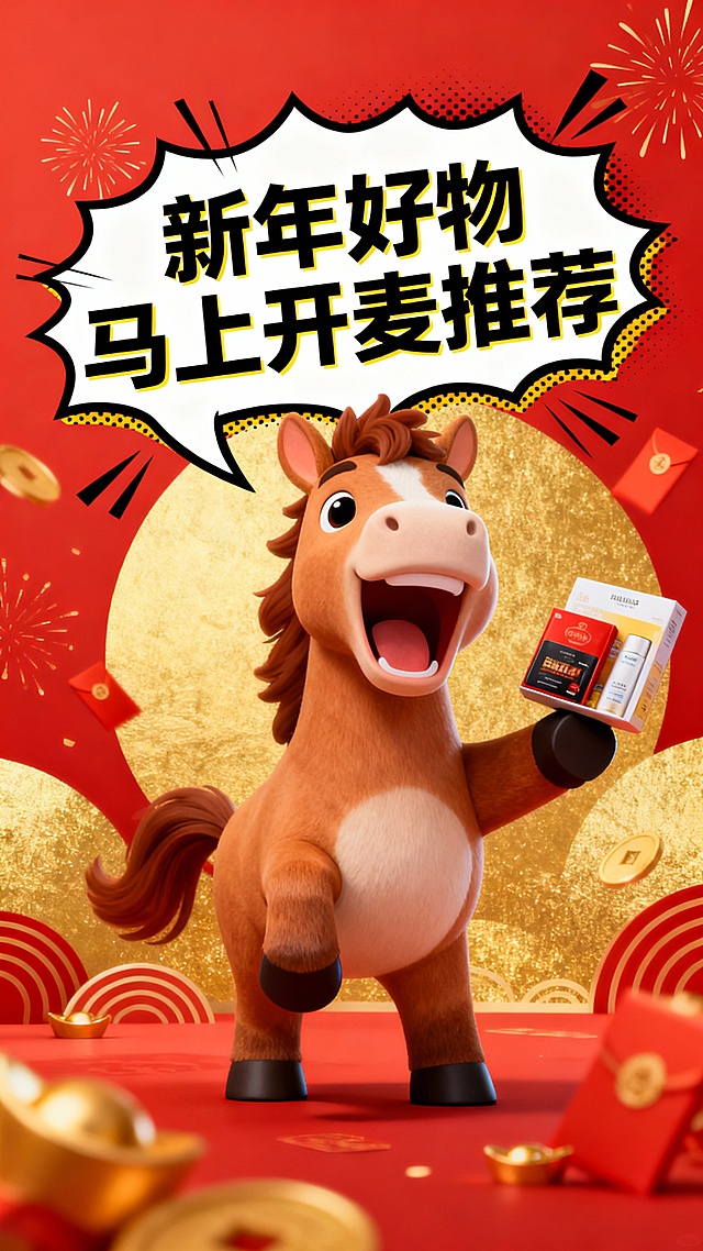 新年喜庆红金配色背景，一匹可爱卡通马站在画面中央，张嘴说话的状态，表情生动夸张，像在“开麦推荐好物”，马头前方带有漫画风对话气泡，气泡文字「新年好物 马上开麦推荐」，马的前蹄举着【商品】，商品清晰可见，整体风格活泼、喜庆、有年味，适合新年促销海报，高清，明亮，商业插画风