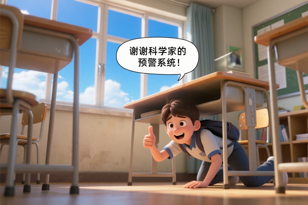 同一个大学生从桌子下方爬出，表情如释重负，竖起大拇指。窗外蓝天白云，阳光明媚。背景中出现一个小气泡框，里面写着“谢谢科学家的预警系统！”温暖色调。预览效果