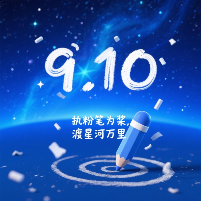背景是深邃的蓝色星河，点缀着闪烁的星光与朦胧的星云，营造出浩瀚宇宙的氛围。画面中央用白色粉笔质感的字体呈现 “9.10”，字体边缘带有粉笔屑飘散的效果。下方一支粉笔倾斜着，笔尖接触下方的圆形粉笔灰轨迹预览效果