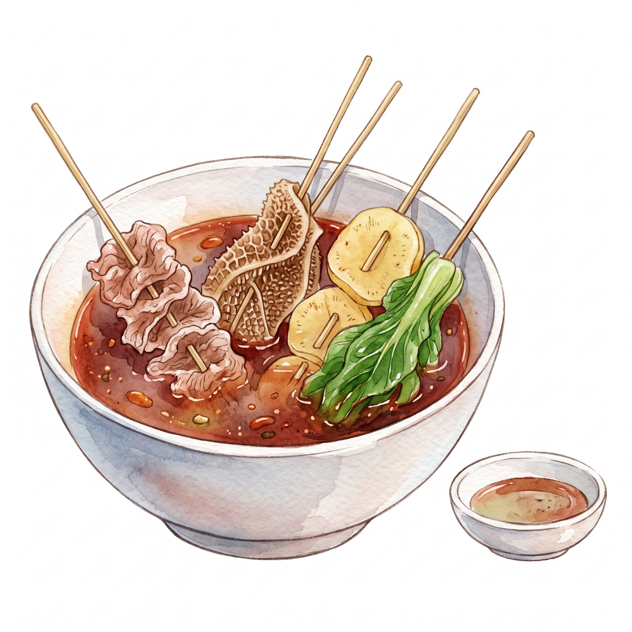 颜色明亮，参考细腻画风：水彩手绘，清新肌理质感，串串香，竹签串… - 图片创意预览