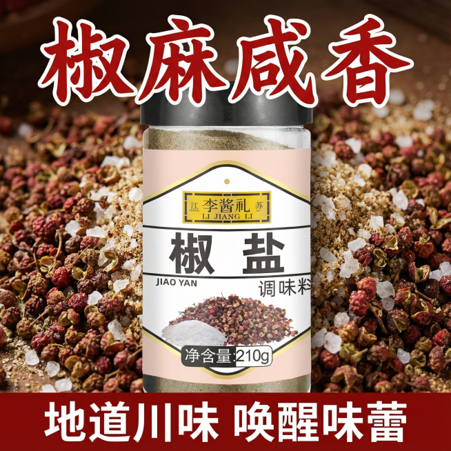 这张图片中的产品是椒盐调味料，我在拼多多卖这款产品，请帮我设计20张拼多多主图
主图文案要求：配料干净，咸淡适中，净含量210g，做菜口感味道好，烧烤撒料，火锅蘸料，油炸搭档，粉质细腻，海鲜/干锅/炒预览效果