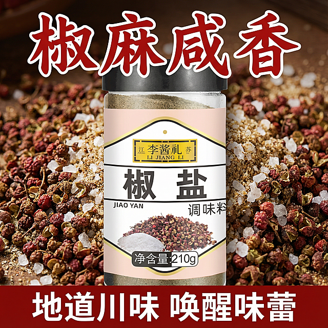 这张图片中的产品是椒盐调味料，我在拼多多卖这款产品，请帮我设计20张拼多多主图
主图文案要求：配料干净，咸淡适中，净含量210g，做菜口感味道好，烧烤撒料，火锅蘸料，油炸搭档，粉质细腻，海鲜/干锅/炒菜/腌制，椒麻咸香，可撒可腌，多种美味，一料搞定，用途多样，商用家用，一站式购齐。