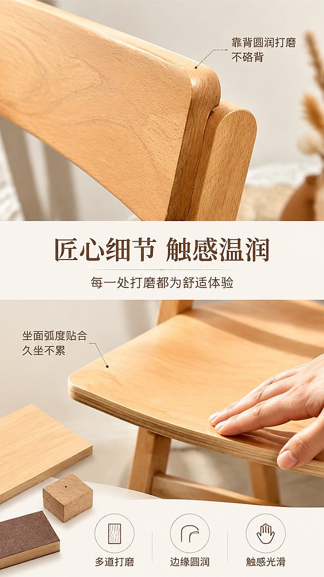 [第10张] 详情页细节特写-靠背弧度与坐面打磨工艺。本张使用【图1】作为商品主体。
[氛围/风格] 微距细节风，质感突出，工艺展示，精致细腻。
[元素布局] 画面上半部分为靠背顶部边缘微距特写，展示圆润打磨边缘和木纹细节，占比约45%；下半部分为坐面前缘特写，展示坐面弧度和光滑打磨表面，旁边有一只手轻轻触摸坐面边缘；周围点缀木纹样本、打磨工具示意；餐椅材质、颜色与输入产品图一致。
[光影质感] 侧光突出边缘圆润度，柔光打亮木纹细节，手部触摸自然真实，质感细腻。
[配色色系] 全局底色 #F7F3EC（米杏色）；主色原木暖棕；辅助色深棕、奶白、浅灰。
[视角构图] 上下分区特写构图，微距视角，突出工艺细节。
[文字版式] 版式为上下特写+中间文字说明。中部主标题「匠心细节 触感温润」，副标题「每一处打磨都为舒适体验」；上半部分标注「靠背圆润打磨 不硌背」；下半部分标注「坐面弧度贴合 久坐不累」；底部三个工艺标签「多道打磨」「边缘圆润」「触感光滑」；文字不遮挡特写主体。
[比例分辨率] 9:16 竖版比例，4K分辨率，文字清晰可辨，高清画质。
[负向提示词] 木纹失真，边缘粗糙，椅子变形，颜色偏差，水印，文字错乱。