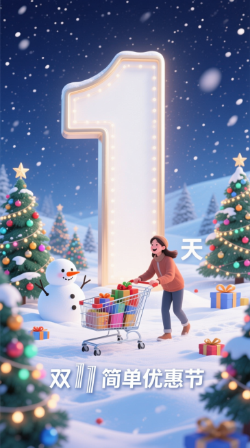 画面中间醒目巨大数字“1”表示倒计时，下方文字“双11简单优惠节”，画面营造出冬日氛围，有雪地、圣诞树、雪人等元素，还有人物推着购物车，购物车里装满了商品。预览效果