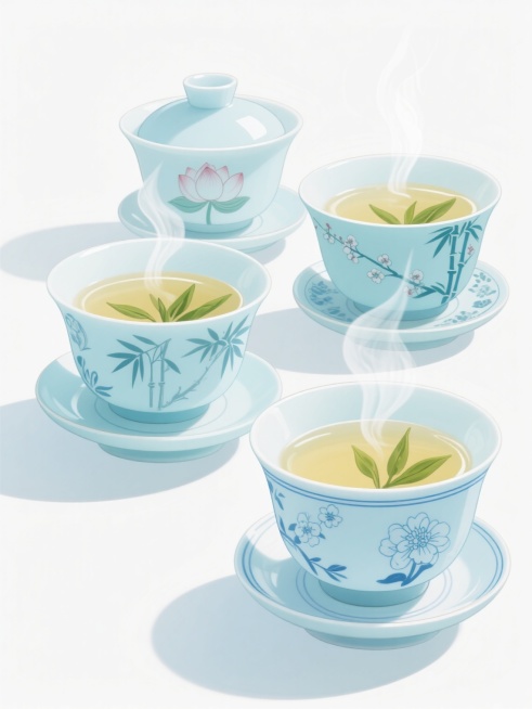 清新淡雅的中国风插画风格，四个不同样式的青瓷茶杯，每个茶杯都搭配同系列的茶托和茶盖，茶杯内盛有淡黄色的茶水并漂浮着几根嫩绿的茶叶，杯口氤氲着几缕白色的热气，茶杯主体以淡蓝色为主色调，点缀着不同的传统花纹图案（如莲花、竹叶、梅花、菊花等），杯身上有简约的蓝色线条装饰，整体画面构图对称和谐，色彩明快柔和，光影效果自然，营造出宁静雅致的品茶氛围，背景为纯白色以突出主体茶具，具有浓厚的东方美学韵味和茶……预览效果