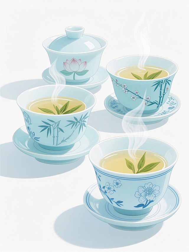 清新淡雅的中国风插画风格，四个不同样式的青瓷茶杯，每个茶杯都搭配同系列的茶托和茶盖，茶杯内盛有淡黄色的茶水并漂浮着几根嫩绿的茶叶，杯口氤氲着几缕白色的热气，茶杯主体以淡蓝色为主色调，点缀着不同的传统花纹图案（如莲花、竹叶、梅花、菊花等），杯身上有简约的蓝色线条装饰，整体画面构图对称和谐，色彩明快柔和，光影效果自然，营造出宁静雅致的品茶氛围，背景为纯白色以突出主体茶具，具有浓厚的东方美学韵味和茶文化气息。