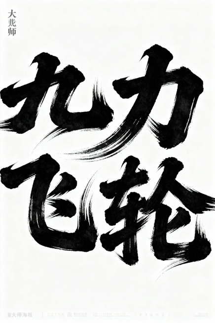 书法字体海报，主体为“九力飞轮”四个草书汉字，草书字体狂野奔放，视觉张力富有动感，超粗笔画流畅飘逸，笔画巧妙延长变形，带有飞白效果，笔画流畅潇洒，白底黑字，整体呈现大师海报作品风格，电影海报视觉效果预览效果