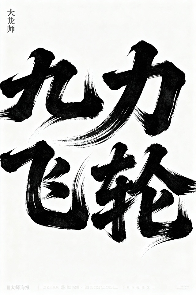 书法字体海报，主体为“九力飞轮”四个草书汉字，草书字体狂野奔放，视觉张力富有动感，超粗笔画流畅飘逸，笔画巧妙延长变形，带有飞白效果，笔画流畅潇洒，白底黑字，整体呈现大师海报作品风格，电影海报视觉效果