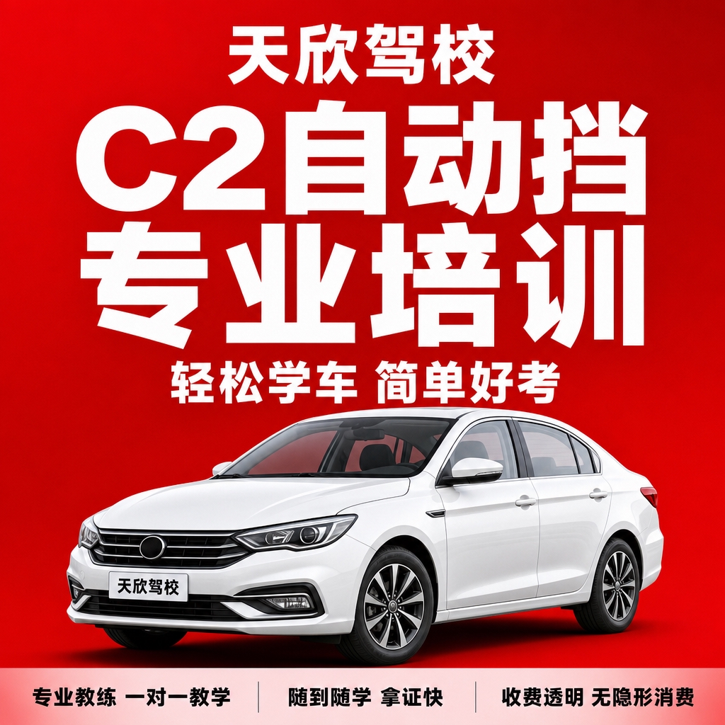 基于参考图的驾校红底白字风格，生成天欣驾校C2自动挡驾照培训主… - 图片创意预览