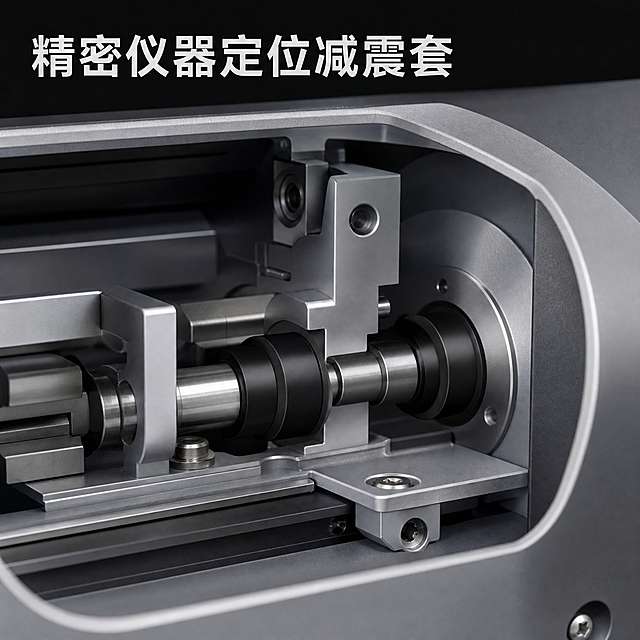 [主图-5] 应用场景图，极简科技风，展示实心黑色台阶形零件在精密仪器内部的台阶定位减震套应用。
[统一基调] 极简科技风，深灰/黑色科技场景背景，深灰色或白色文字，清晰端正无衬线字体，字体不变形不拉伸不压扁，1:1正方形构图，科技精密感。
[画面] 画面展示精密仪器内部结构的局部剖面或拆解视角，可以看到精密金属部件之间安装着实心黑色PU台阶形定位减震套，黑色台阶形零件嵌套在金属轴或壳体之间，阶梯面起到精确定位和减震缓冲作用。场景为干净的精密仪器内部环境，银灰色/深灰色调，突出黑色台阶形减震套的位置和作用。采用局部特写视角，清晰看到黑色PU台阶套的阶梯结构和安装状态。画面一角或顶部有标题文字"精密仪器定位减震套"或"应用场景 精密仪器"。整体画面真实感强，产品融入场景自然，科技感十足。
[光影质感] 精密仪器内部摄影质感，光线柔和均匀，金属部件有真实哑光或拉丝质感，实心黑色PU台阶套边缘有微弱高光勾勒出阶梯轮廓，产品与金属部件接触真实自然，无悬浮感。
[配色] 背景为深灰/银灰色精密仪器内部场景，金属部件为银灰/深灰色，产品为实心纯黑色，文字为浅灰或白色，整体色调统一专业，科技感强。
[文字版式] 标题"精密仪器定位减震套"为大号深灰色（或白色）粗体无衬线字，放置在画面顶部或左上角安全区，字体端正清晰不变形，不遮挡主体产品。
[输出要求] 1:1正方形，2048x2048px，场景真实自然，产品清晰可辨，文字清晰可读，画面仅出现以上指定文字，不出现任何额外自动生成的文字、水印、logo或多余装饰。负向：变形、错字、模糊、杂乱、水印、平台Logo、多余文字、人物面部、悬浮产品、穿模、彩色杂光。