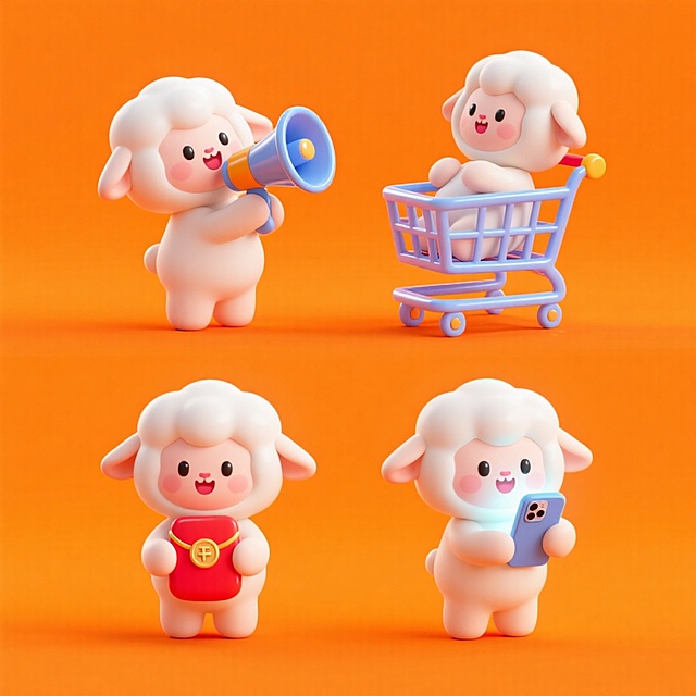 软3D风格可爱小羊拟人化设计，卡通感十足，手持喇叭、购物车、红包与手机，传递节日欢庆氛围，塑料质感细腻生动。