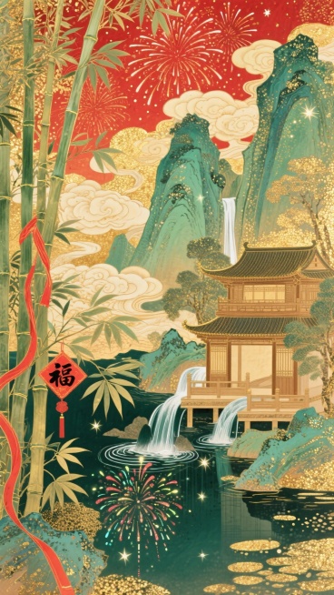 琥珀底色铺赤红烟花，层叠祥云缠翠峰竹海与潺潺山泉间的竹楼木阁，国风大场景，暖金翠绿交织，星光点缀，竹枝挂着红绸福字，山泉倒映烟花与竹叶的斑驳光影。预览效果