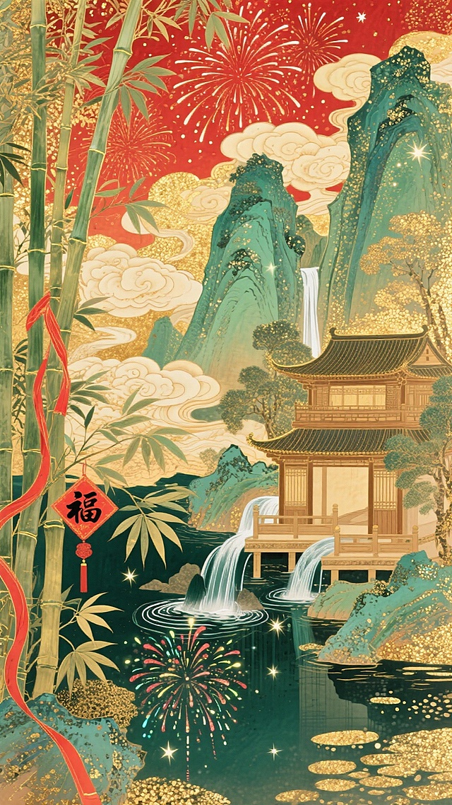 琥珀底色铺赤红烟花，层叠祥云缠翠峰竹海与潺潺山泉间的竹楼木阁，国风大场景，暖金翠绿交织，星光点缀，竹枝挂着红绸福字，山泉倒映烟花与竹叶的斑驳光影。