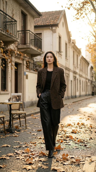 专业时尚胶片大片，同一清冷感亚裔超模，妆容发型服饰配饰不变，全新自然时尚姿势，秋日午后上海老洋房街头场景，金黄梧桐叶，暖金色夕阳逆光，复古胶片色调，细节清晰，时尚杂志质感预览效果