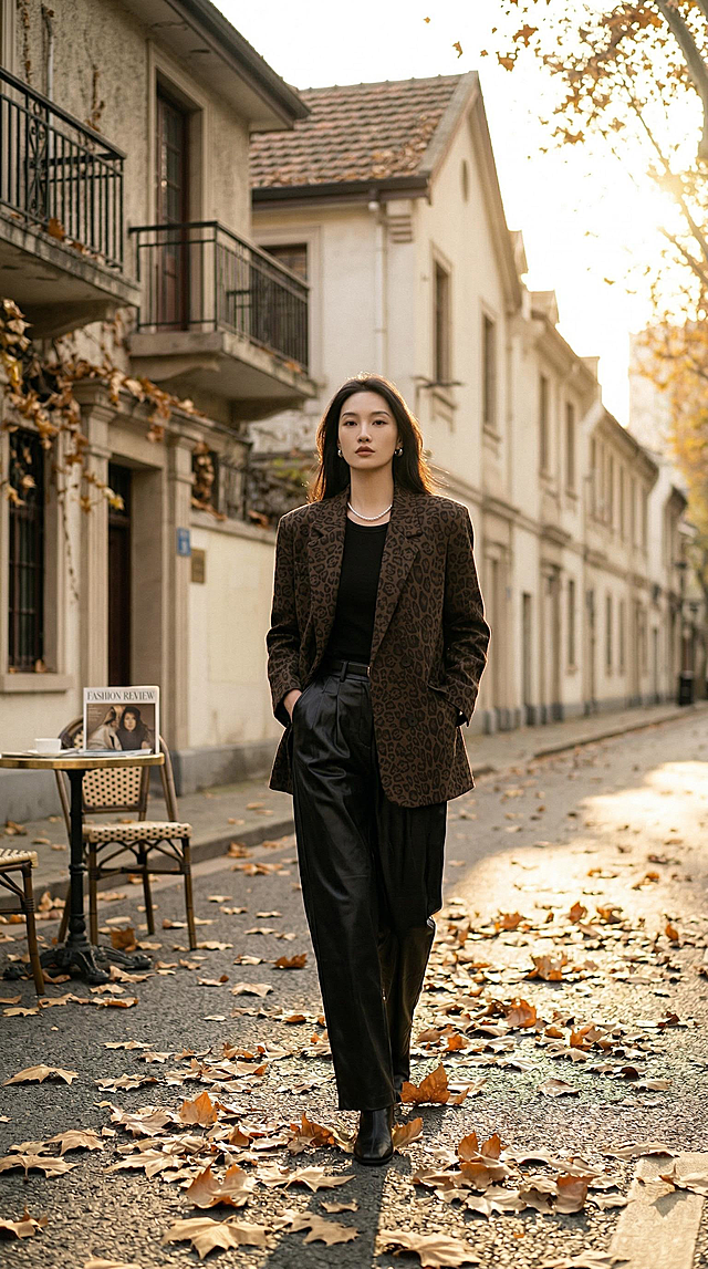 专业时尚胶片大片，同一清冷感亚裔超模，妆容发型服饰配饰不变，全新自然时尚姿势，秋日午后上海老洋房街头场景，金黄梧桐叶，暖金色夕阳逆光，复古胶片色调，细节清晰，时尚杂志质感