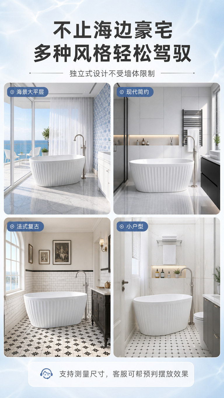 [商品] 使用【图1】澜境浮雕独立浴缸；保留白色竖纹肌理、椭圆… - 图片创意预览