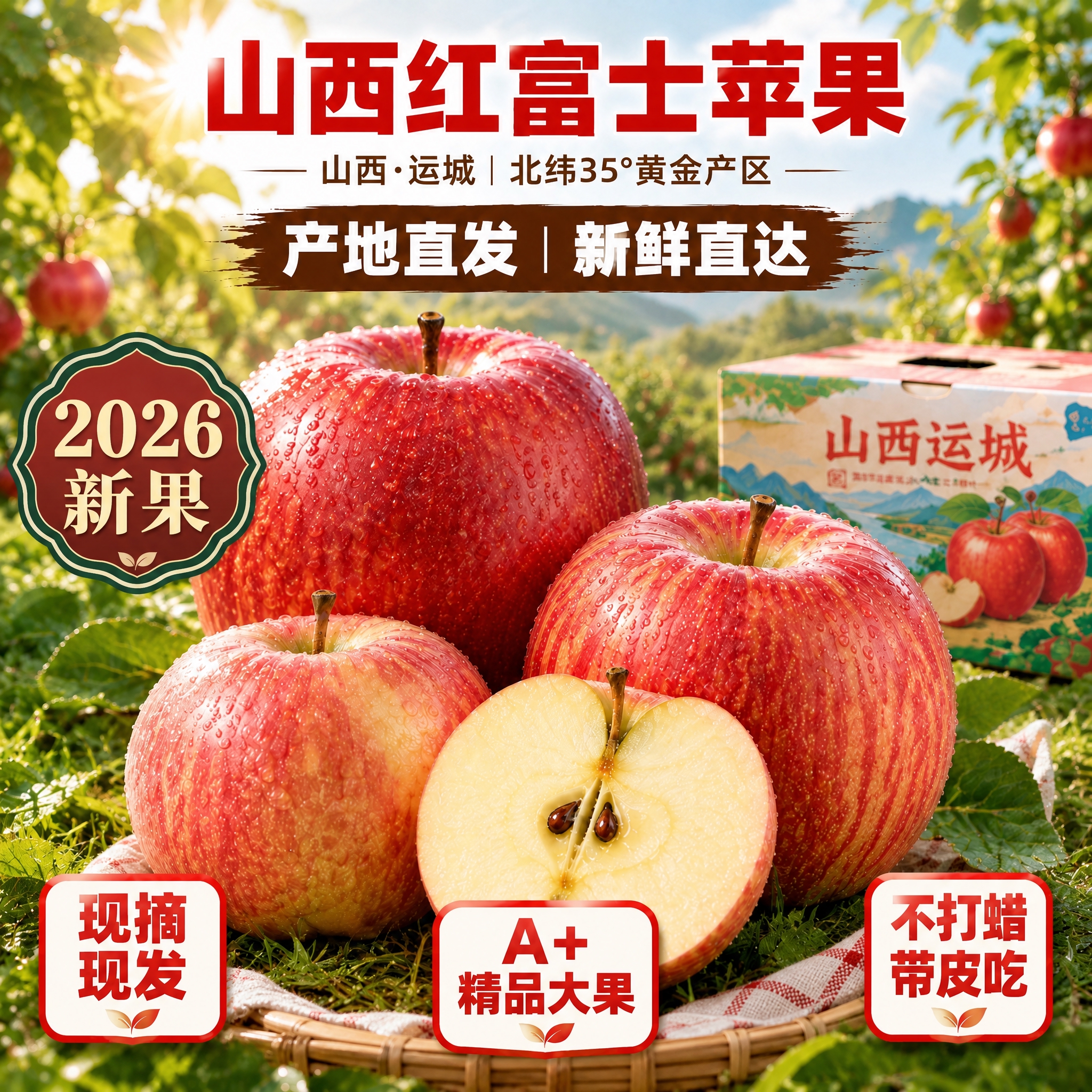 严格保持原图构图、光影、苹果、包装箱、竹篮、布料及所有原有中文… - 图片创意预览
