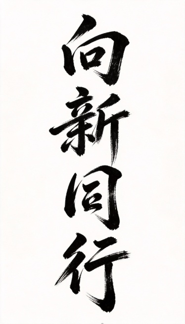 根据此图片字体风格，设计“向新同行”这4个字，要求笔画流畅，笔触粗狂奔放，白底黑字预览效果
