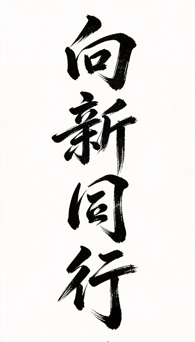 根据此图片字体风格，设计“向新同行”这4个字，要求笔画流畅，笔触粗狂奔放，白底黑字
