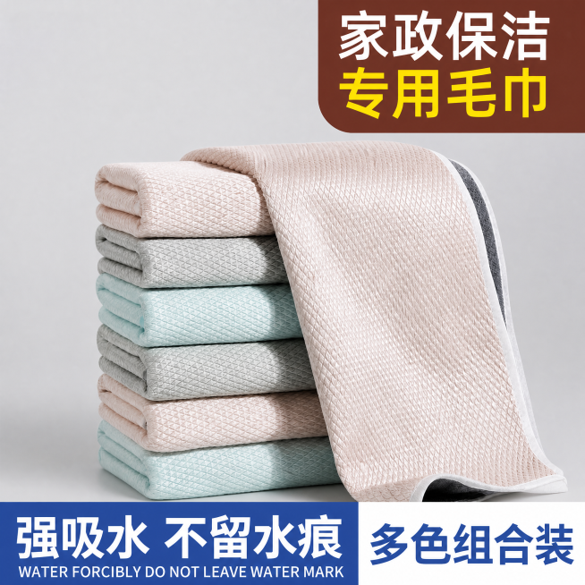 [单张主图] 家政保洁专用毛巾，爆款促销感主图，目标是3秒传达产品卖点，吸引点击转化。
[参考比对] 参考图为左上角品牌Logo区域，右上角棕色圆角色块放主标题，底部蓝色+白色分块放卖点和规格信息；产预览效果