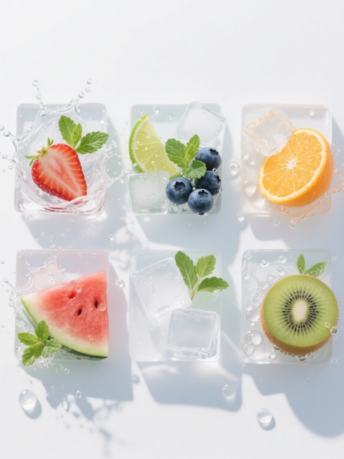 纯白纯色背景，超写实风格，高清晰度，光线明亮柔和，主体元素表面有晶莹水珠，水花飞溅效果自然灵动，六个规整排布的方格内分别为：1. 新鲜草莓切片搭配透明冰块与薄荷叶，2. 青柠角与气泡水溅起的水花及冰块，3. 蓝莓果实簇拥着冰块和薄荷叶，4. 橙子切片与冰块、水珠及薄荷叶组合，5. 西瓜块搭配冰块、水花和薄荷叶，6. 猕猴桃切片与透明冰块、水珠及薄荷叶，每个方格内元素布局协调，保持一致的光影质感……预览效果