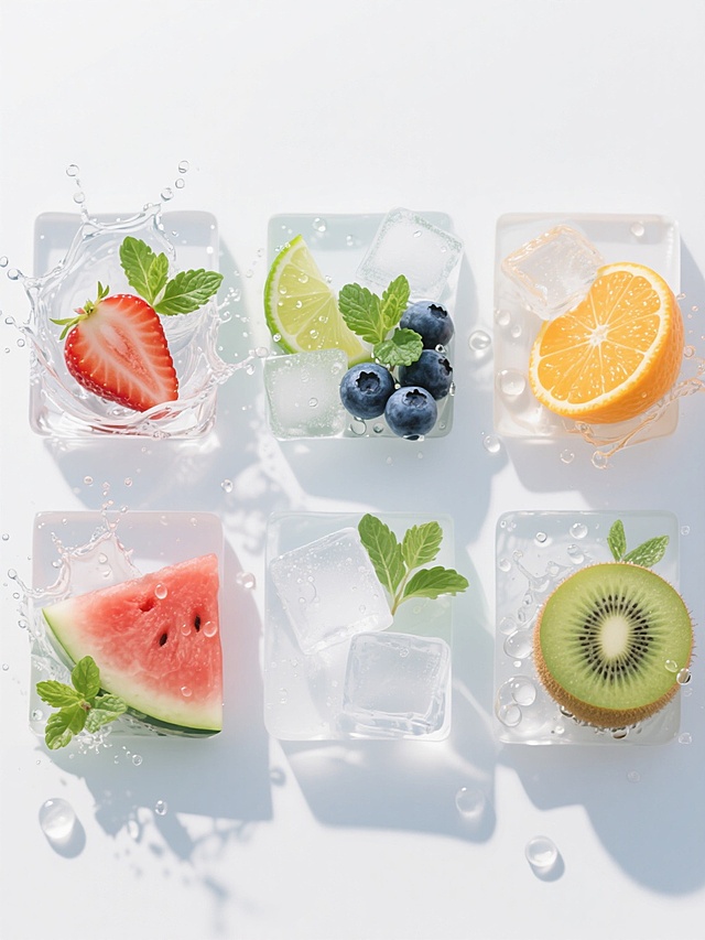 纯白纯色背景，超写实风格，高清晰度，光线明亮柔和，主体元素表面有晶莹水珠，水花飞溅效果自然灵动，六个规整排布的方格内分别为：1. 新鲜草莓切片搭配透明冰块与薄荷叶，2. 青柠角与气泡水溅起的水花及冰块，3. 蓝莓果实簇拥着冰块和薄荷叶，4. 橙子切片与冰块、水珠及薄荷叶组合，5. 西瓜块搭配冰块、水花和薄荷叶，6. 猕猴桃切片与透明冰块、水珠及薄荷叶，每个方格内元素布局协调，保持一致的光影质感和清新夏日氛围，整体构图对称平衡，无任何文字及logo。