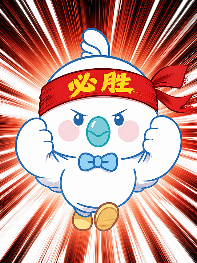 在这张卡通小鸟形象基础上，让脸对着镜头，头上帮着红色的头带，头带上写着黄色字体的必胜二字，整体画面有冲刺感，强视觉冲击力