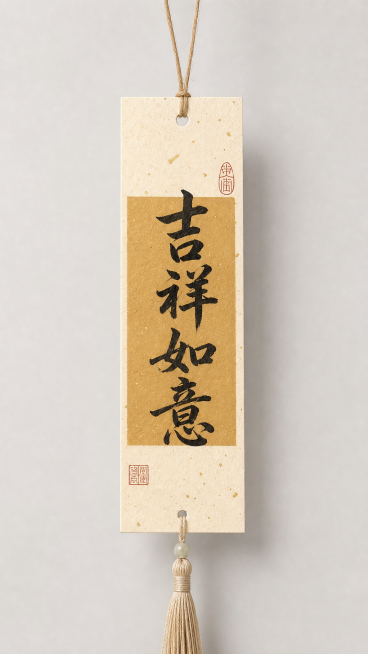 竖向书签吊牌，和参考图风格一致，米白色洒金卡纸，带打孔麻绳流苏，中间色块背景，黑色毛笔字体写"吉祥如意"，角落加红色印章装饰，整体国风禅意预览效果