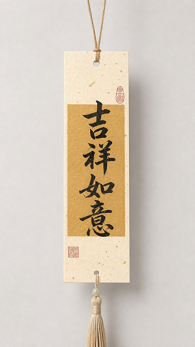 竖向书签吊牌，和参考图风格一致，米白色洒金卡纸，带打孔麻绳流苏，中间色块背景，黑色毛笔字体写"吉祥如意"，角落加红色印章装饰，整体国风禅意