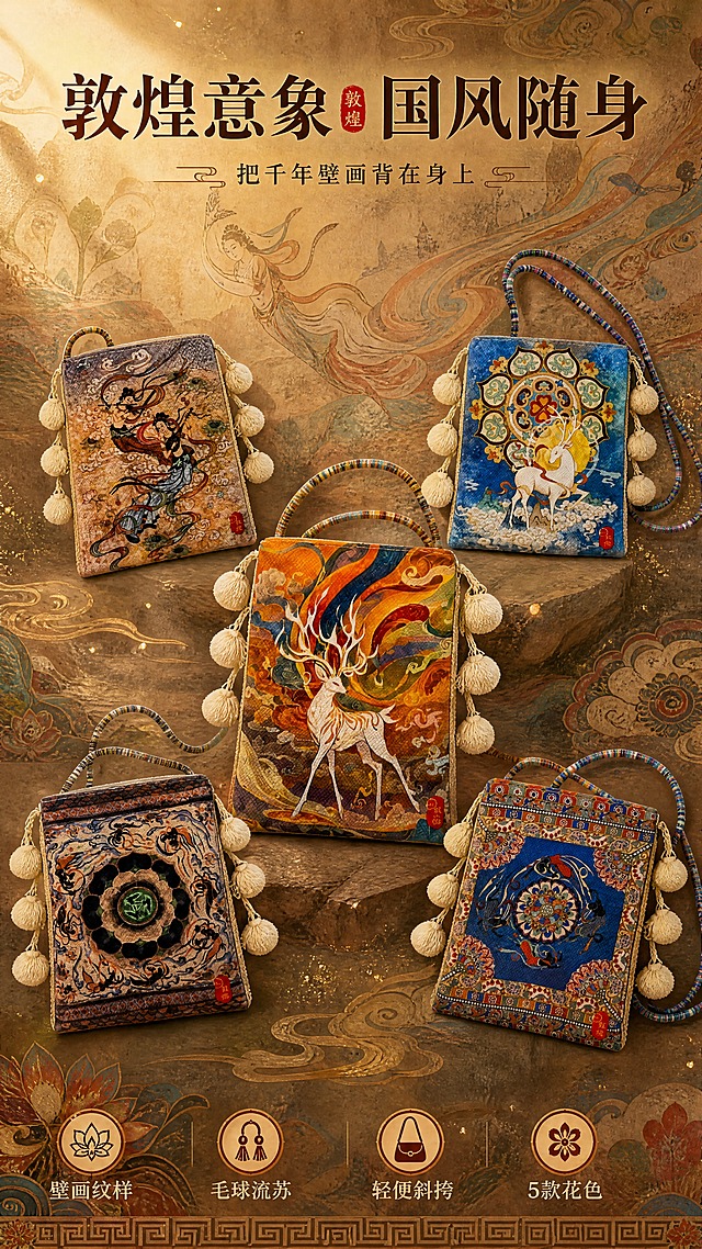 [商品] 使用【图1】橙红九色鹿款、【图2】飞天奏乐款、【图3】宝相花九色鹿款、【图4】敦煌藻井款、【图5】三兔共耳款，共5款敦煌国风斜挎小布包；保留每款包的方形包型、双侧白色毛球流苏、织带肩带、右下角红色印章Logo，以及各自的敦煌壁画图案纹样、颜色和肩带配色；商品处理：自然理顺包型轮廓，增强面料织物质感与毛球蓬松感，清晰化壁画纹样细节，不改变包的结构、尺寸和图案内容。
[画面] 目标：敦煌国风风格头图海报，营造「把敦煌背在身上」的东方美学氛围。构图：竖版9:16，上方主视觉区居中展示【图1】橙红九色鹿款为主角（占画面40%），其余4款以错落环绕的方式分布在四周（每款约占画面10%-15%），形成花瓣式全家福布局；背景为敦煌壁画肌理质感，融入祥云、飞天飘带、宝相花纹等古典元素做暗纹装饰；前景有细碎金粉光点飘散，中景为5款包包，后景为渐变壁画底色；阅读动线从上至下，顶部标题，中部产品群像，底部副标题与卖点。
[视觉] 套系策略：风格=敦煌国风复古商业摄影，壁画肌理质感，东方美学氛围感；标题字=国风宋体衬线粗体，带轻微飞白笔触感；正文字=简洁宋体细体；主色=敦煌暖金赭石色；背景延展=基于暖金赭石做深浅渐变，叠加敦煌壁画土黄肌理、石青石绿色块暗纹、朱砂红点缀；强调色=朱砂红，仅用于小面积印章、图标、引线和标签；标题色=深赭石褐；正文色=暖棕灰；组件=祥云纹装饰线、印章式标签、古典回纹边框；光影=左前侧暖金色柔光，模拟壁画洞窟自然光，包包底部有柔和投影。
[文字] 顶部居中主标题「敦煌意象 国风随身」（8字），主标题下方小字副标题「把千年壁画背在身上」；底部横向排列4个短卖点图标+文字：「壁画纹样」「毛球流苏」「轻便斜挎」「5款花色」；文字区不遮挡包包主体图案和Logo，所有文字横排，字号保证手机端清晰可读。
[规格] 图片比例9:16竖版，分辨率4K，负向提示：避免变形、错字、文字过小、包包图案被篡改、毛球丢失、肩带颜色错乱、现代感过强、冷蓝灰主色调、白底、绝对化用语。